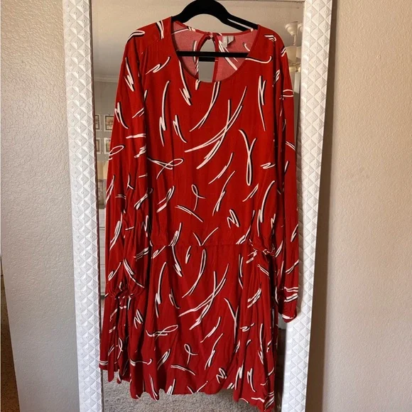 ASOS Red Printed Long Sleeve Dress with White & Black Accents - Picture 2 of 4